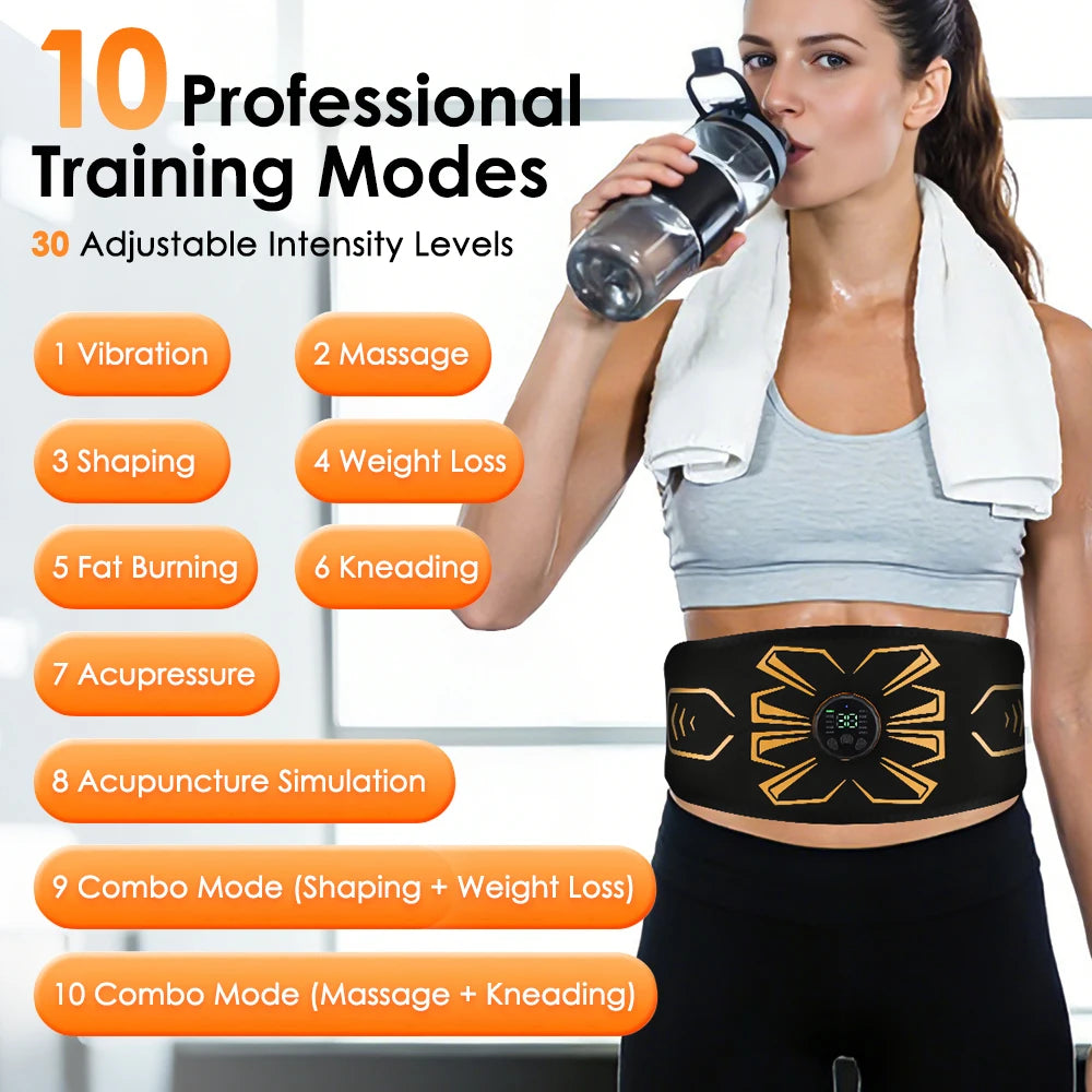 EMS Abdominal Belt with 10 Electrode Pads Home Belly Trainer Toning Belt Abs Fat Reduction Waist Massager Body Shaping Band Peaceful Pleasures Health and Wellness