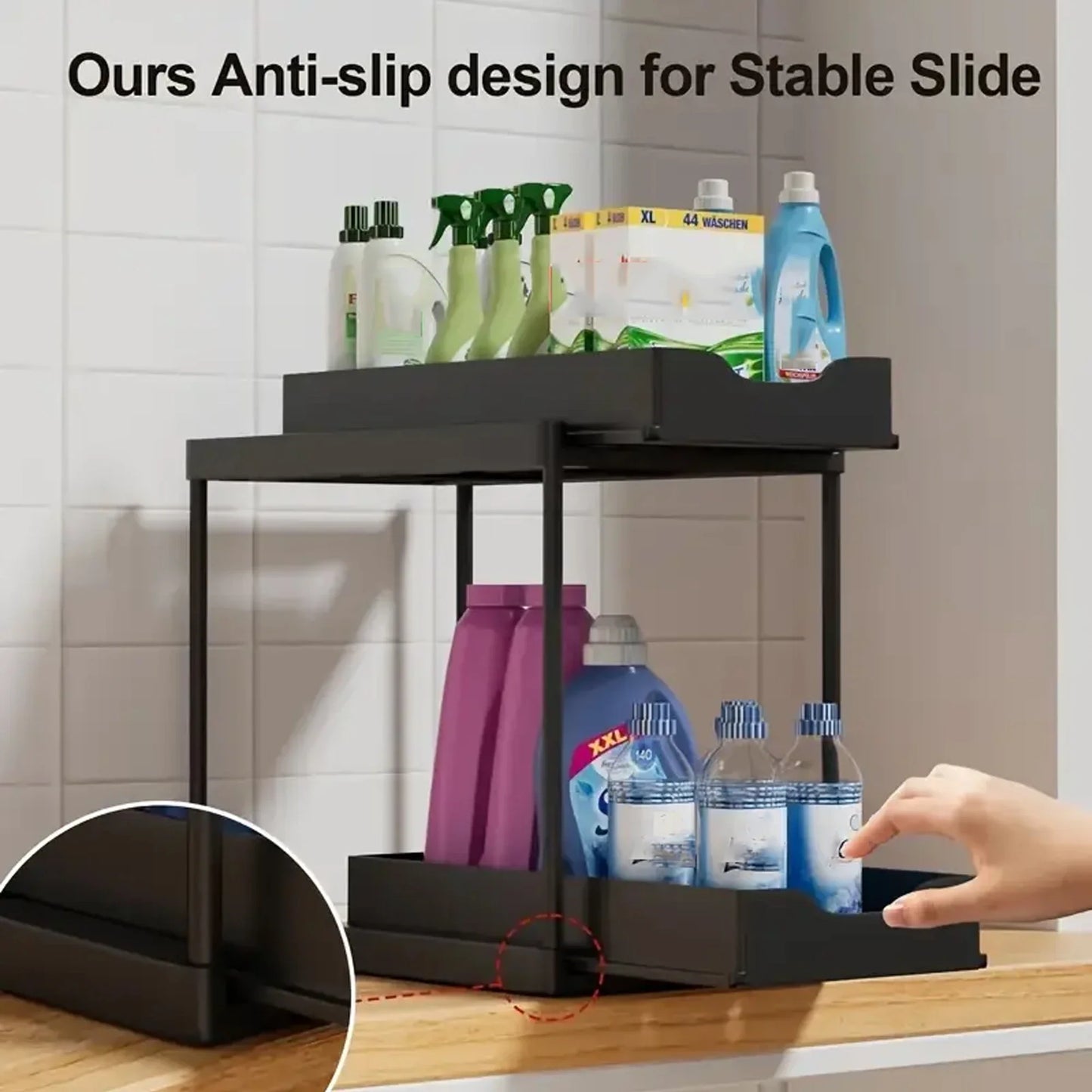 Double-Layer Pull-Out Under-Sink Organizer Rack with 5 Hooks