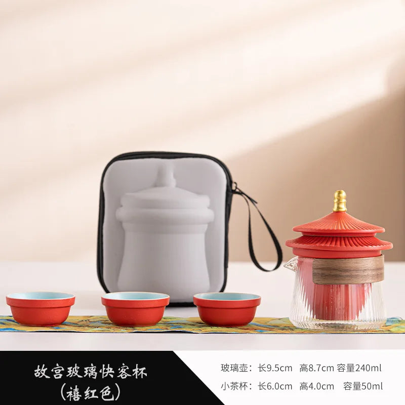 Palace Museum Ceramic Travel Tea Set | Chinese Style Ceramic Tea Set Peaceful Pleasures Health and Wellness glass red Five-piece Set