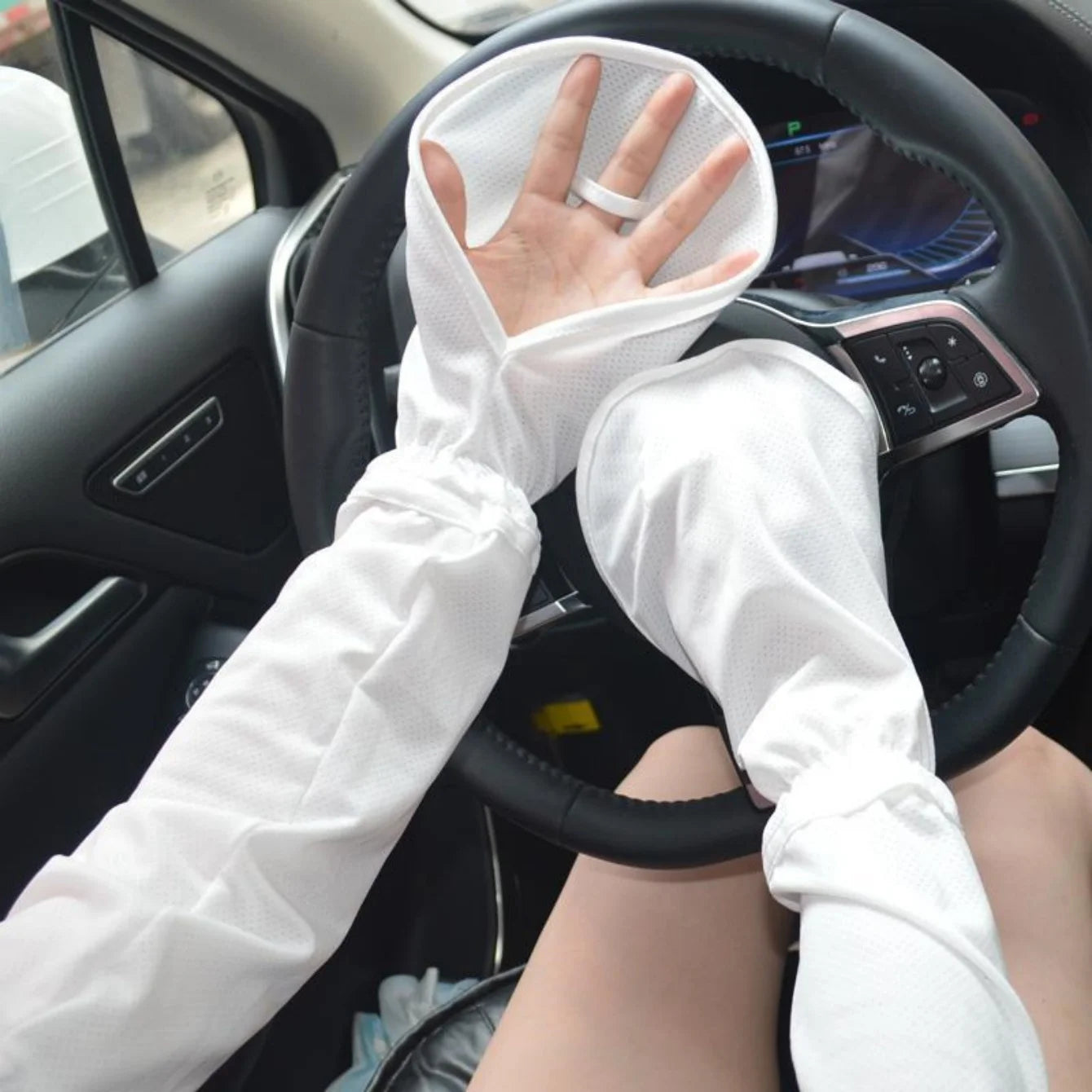 UV Sun Protection Fingerless Driving Gloves & Cooling Arm Sleeves UV Sun Gloves Peaceful Pleasures Health and Wellness White
