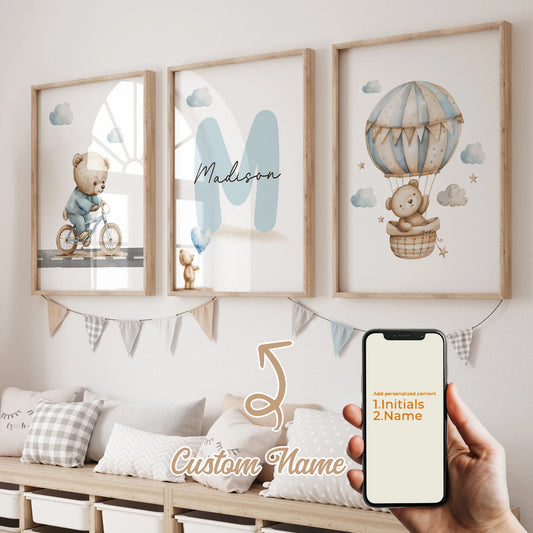 3-Piece Personalized Blue Bear Canvas Wall Art | Kids Room Decor Canvas Wall Art Peaceful Pleasures Health and Wellness GA-N070-3pcs 21x30cm Unframed