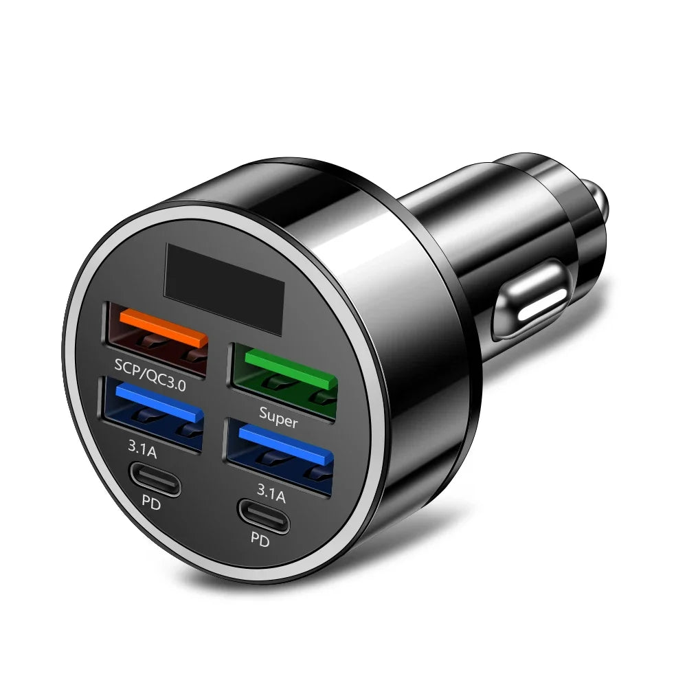 6-Port USB-C PD & QC 3.0 Car Charger – Fast Charging Adapter