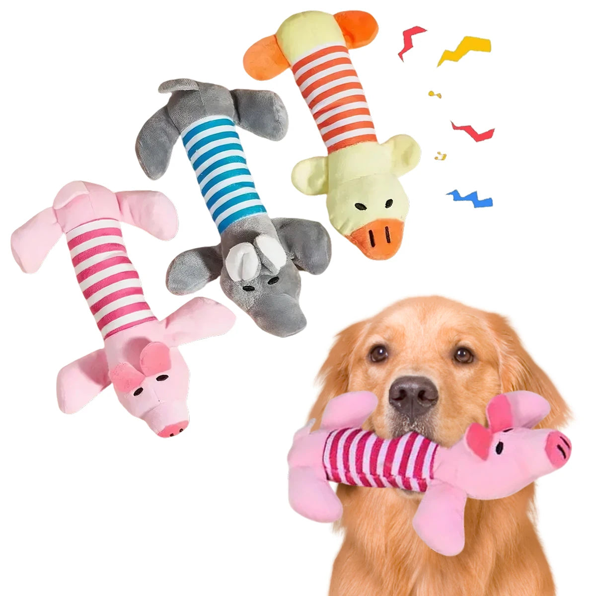 Plush Squeaky Crinkle Dog Toys – Elephant Duck Pig Set