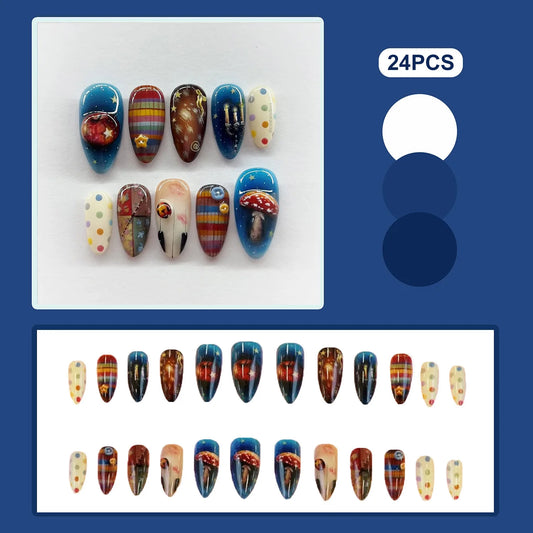 24pc Almond Press On Nails | Sky Graffiti Plaid Design Press On Nails Peaceful Pleasures Health and Wellness style 1