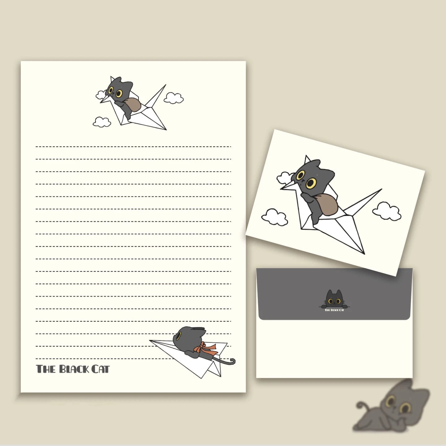 Cute Little Black Cat Envelope Paper 4 Sheets Envelopes Suitable