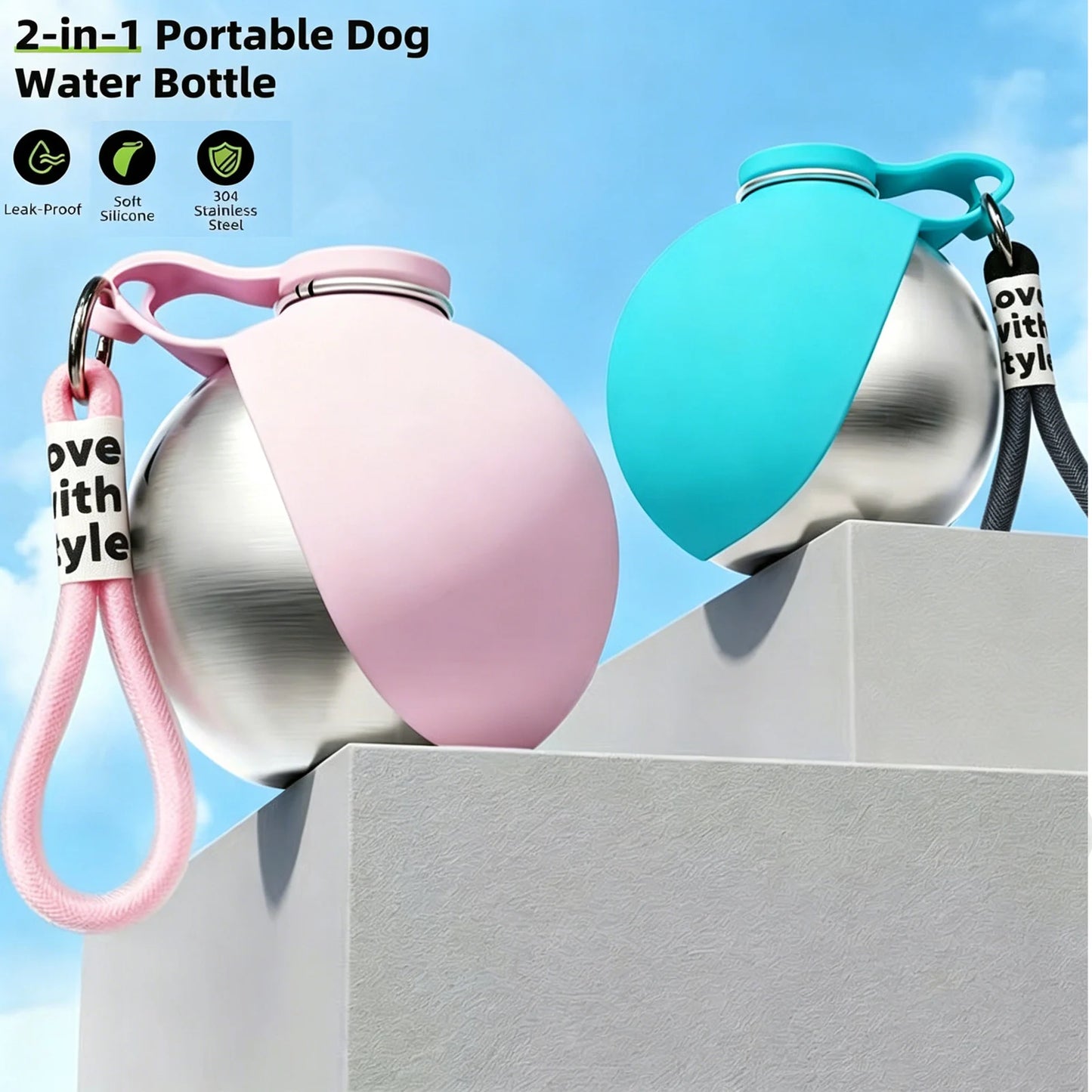 2-in-1 Portable Dog Water Bottle | Stainless Steel & Silicone