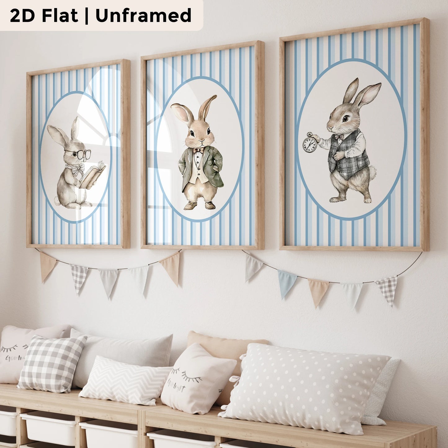 3-Piece Cartoon Blue Rabbit Canvas Wall Art | Kids Room Decor