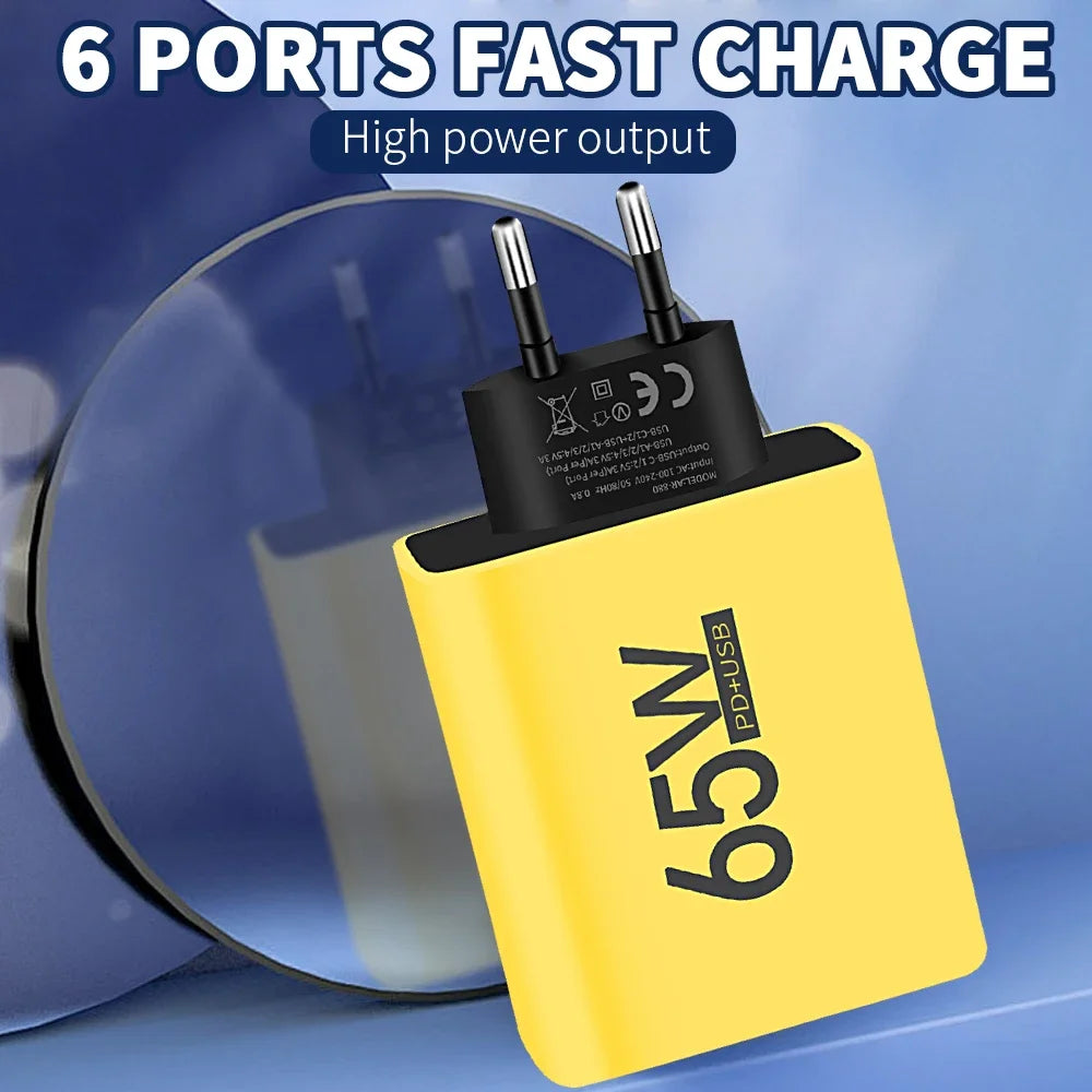 65W 6-Port USB-C Fast Charger | QC 3.0 & PD Multi-Device
