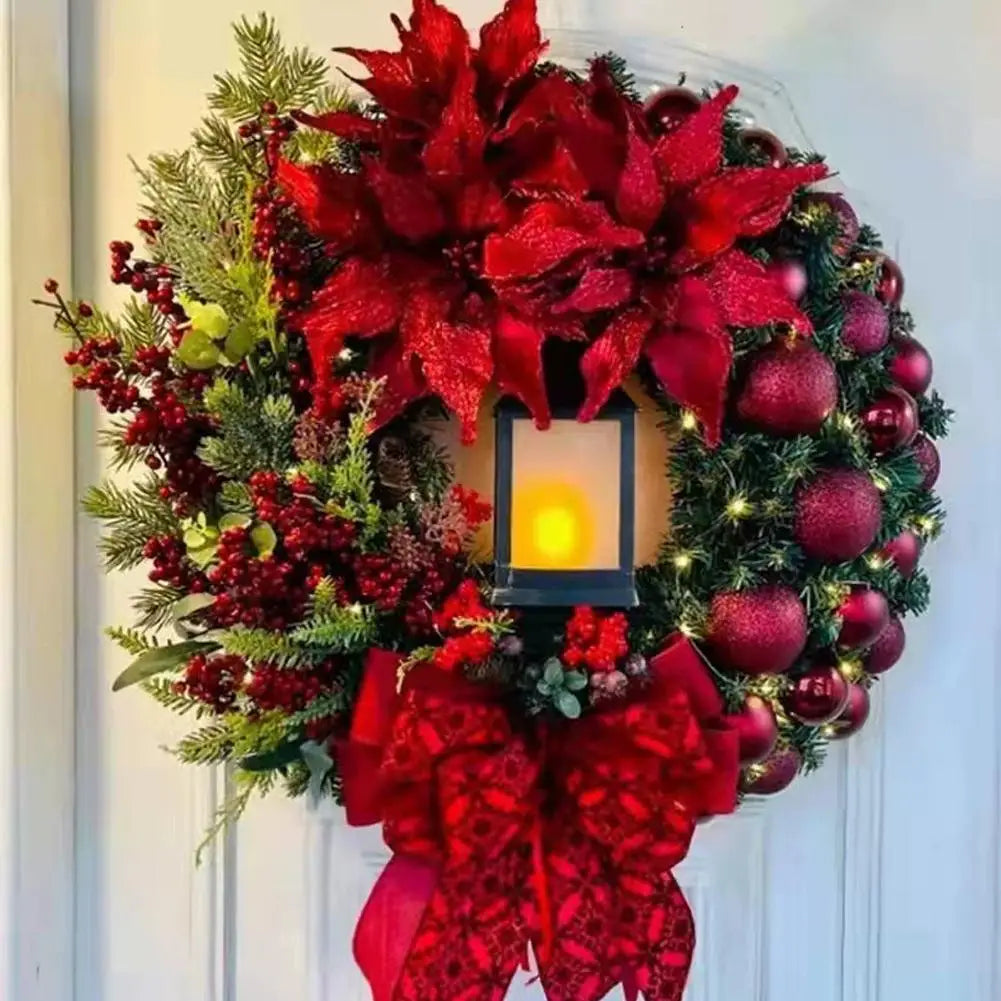LED Christmas Wreath with Bow & Red Flowers | 40cm Door Decor