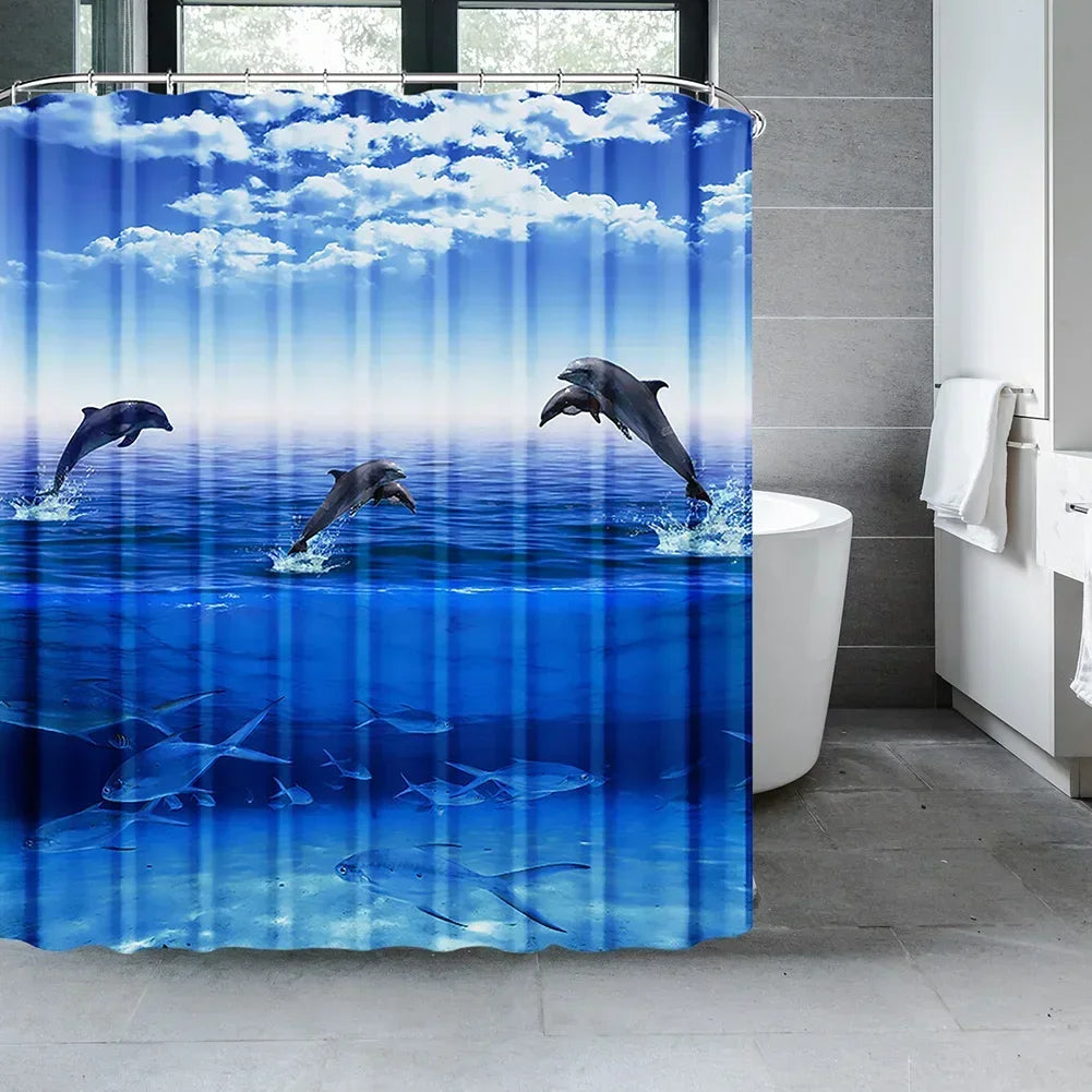 Ocean Underwater World Shower Curtains Set Dolphin Animal Cheerful Marine Life Scenery Polyester Fabric For Kids Bathroom Decor Peaceful Pleasures Health and Wellness B W180xH200cm