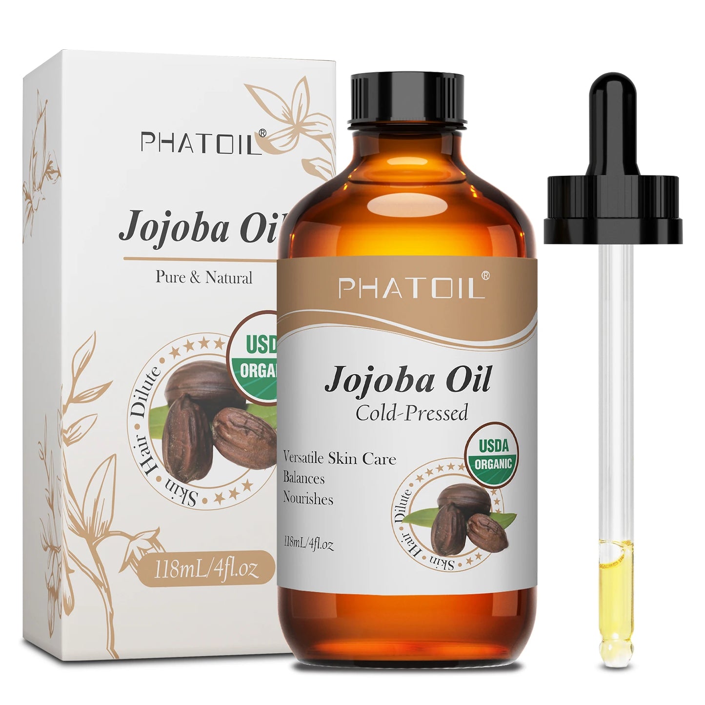 PHATOIL 118ml Organic Face Oil Natural Cold Pressed USDA Carrier Oils- Castor Oil,Jojoba,Moroccan Argan Oil,Rosehip Seed Oil Peaceful Pleasures Health and Wellness Jojoba Oil 118ml