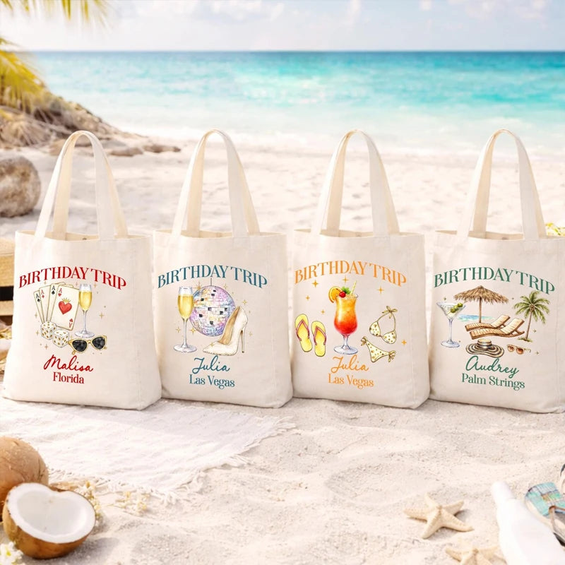 Personalized Birthday Trip Canvas Tote Bag | Beach Vacation Gift Personalized Canvas Tote Peaceful Pleasures Health and Wellness