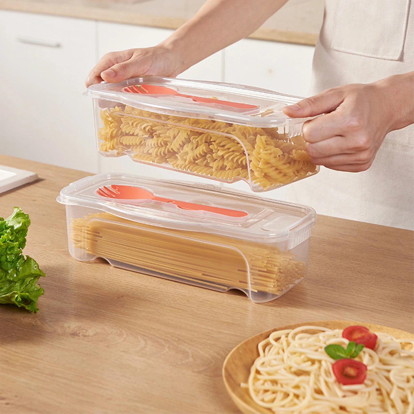 Microwave Food Boxes with Lids 44oz Microwavable Spaghetti Cooking Box with Drainer & Flatware for Spaghetti Vegetables Peaceful Pleasures Health and Wellness