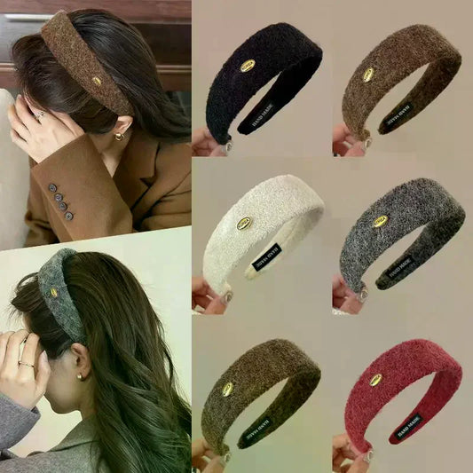 Korean Fuzzy Headband – Soft Plush Hairband with Gold Logo Plush Hair Headband Oasis Select