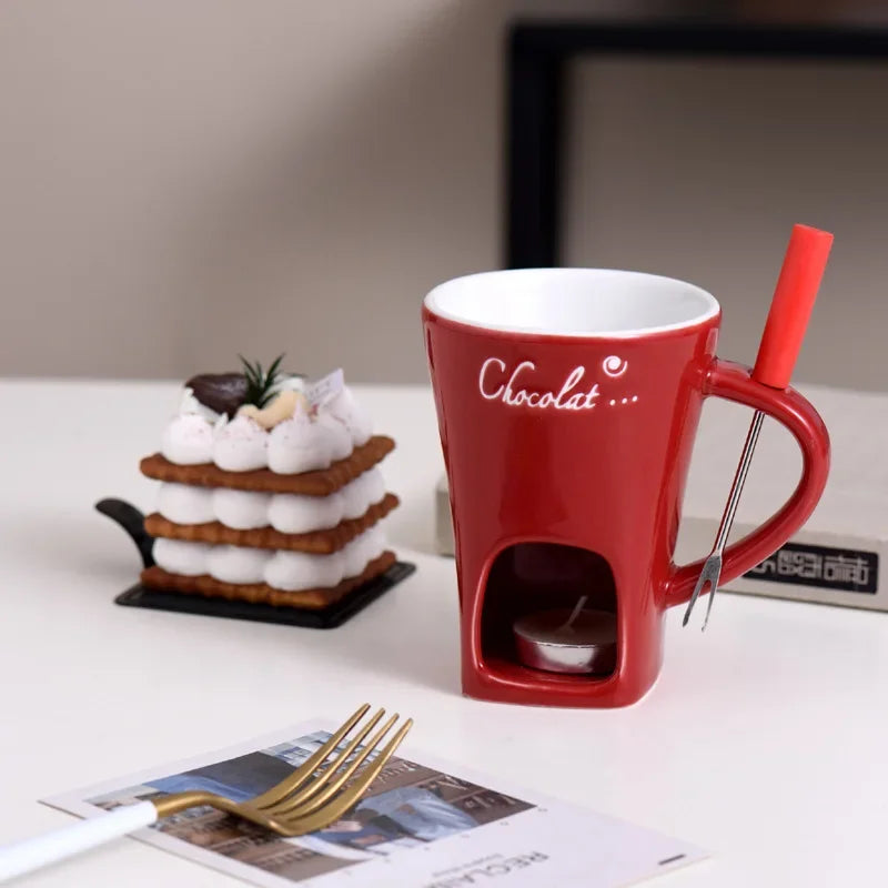 130ML European Candle Cup Cheese Chocolate Melting Ceramic Mug Heating Food Ceramic Mug with Fork Creative Coffee Mug Tableware Peaceful Pleasures Health and Wellness Red Candle-free