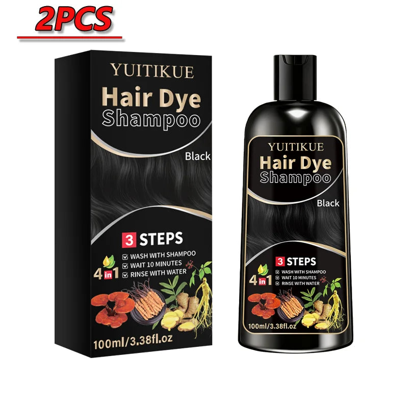 YUITIKUE Herbal Black Hair Dye Shampoo 100ml - Gentle 4-in-1 3 Steps Hair Color Shampoo for At-Home Easy Use Peaceful Pleasures Health and Wellness 2pcs