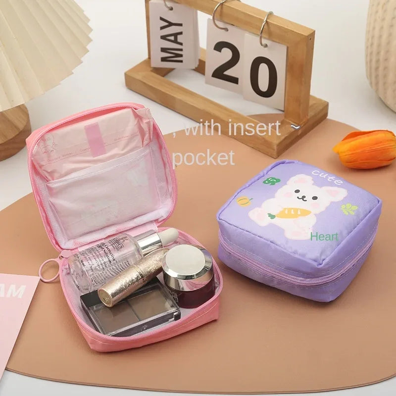 Women Sanitary Napkin Tampon Storage Bag Cartoon Pattern Portable Waterproof Organizer Pouch Napkin Bag Ladies Makeup Small Bag Peaceful Pleasures Health and Wellness