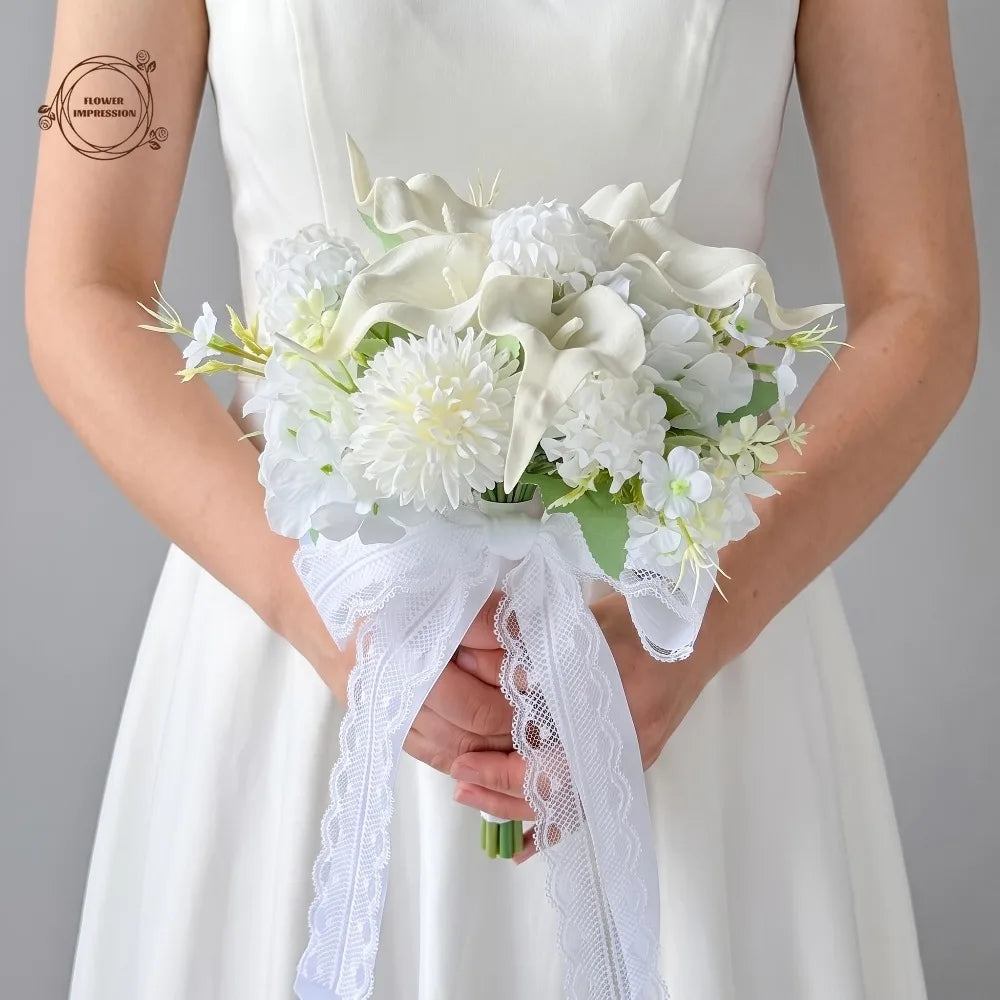 White Calla Lily Hydrangea Bridal Bouquet | Lace Ribbon