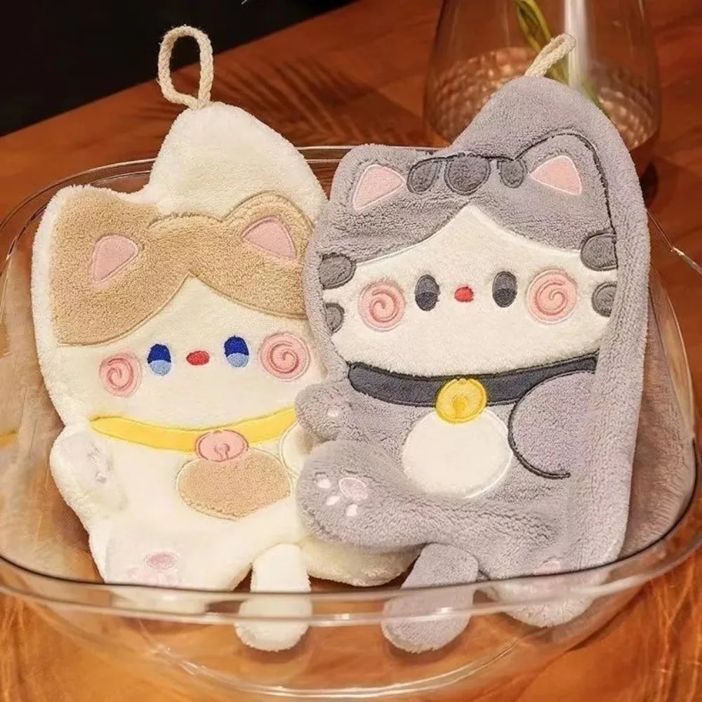 Cute Cat Hand Towel Quick Drying Kitchen Cleaning Rag Coral Velvet Cartoon Animal Absorbent Bathroom Hanging Towel Home Supplies Peaceful Pleasures Health and Wellness
