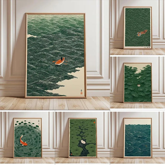 Japanese Tiger Koi Fish Crane Canvas Wall Art | Asian Decor Canvas Wall Art Print Peaceful Pleasures Health and Wellness