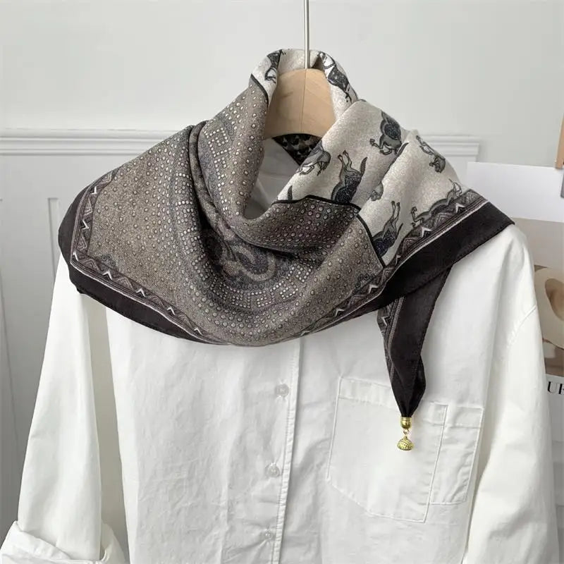 70x70 Retro Print Square Silk Scarf with Magnetic Buckle