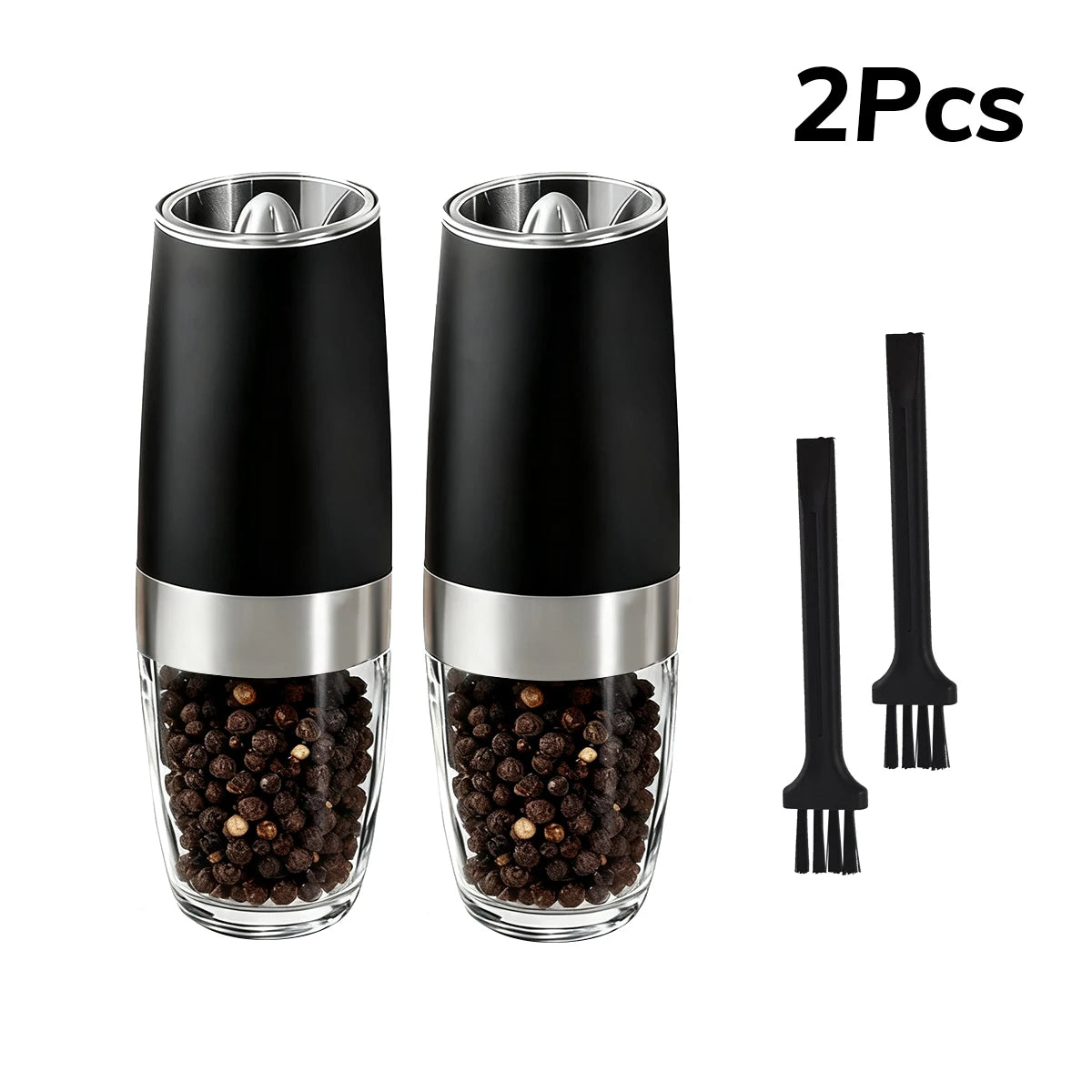 1/2pcs Gravity Electric Pepper and Salt Stainless Steel Grinder Set with Adjustable Coarseness Operated LED Light Peaceful Pleasures Health and Wellness Black2PCS United States