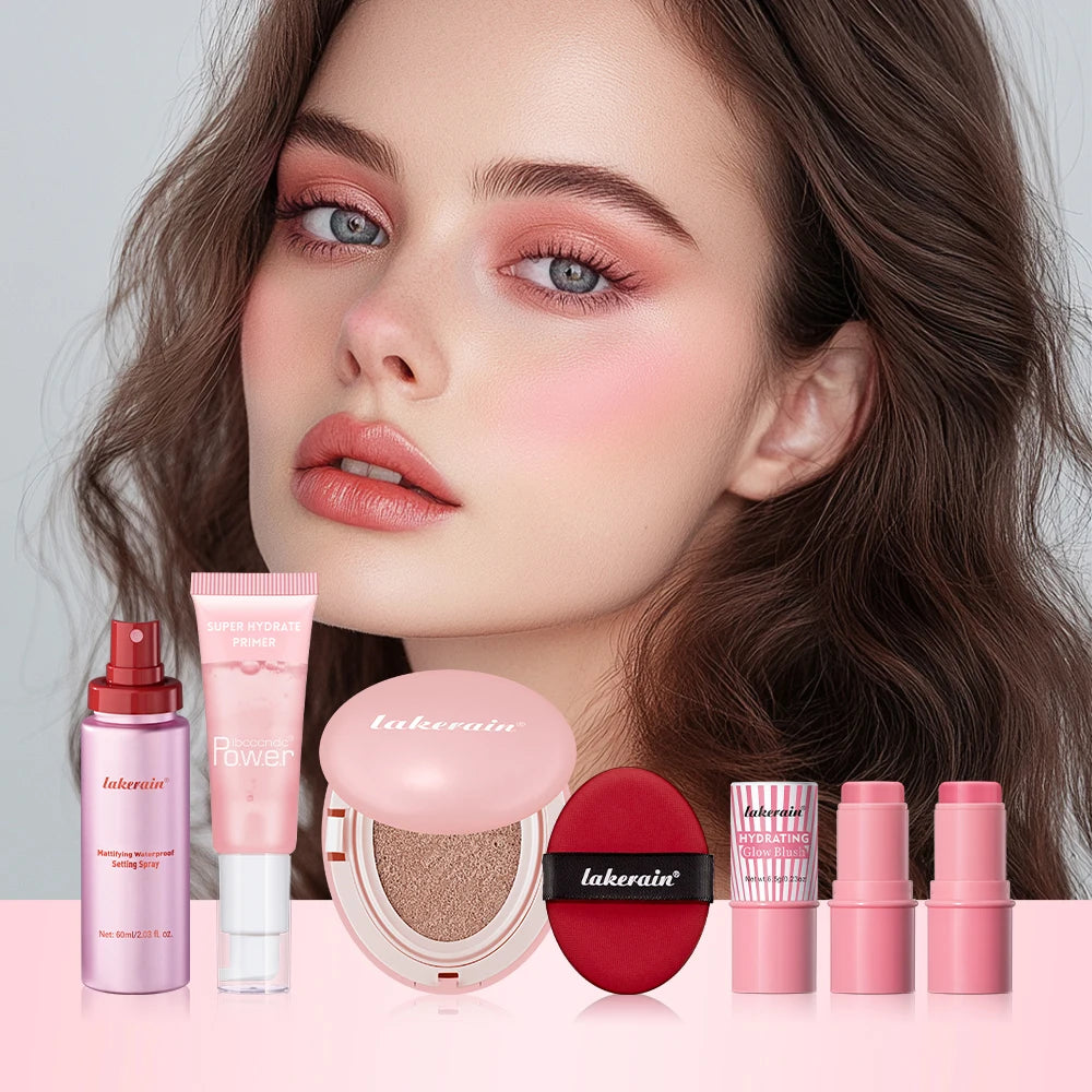 Pink Makeup Set Primer Setting Spray Include Air Cushion Foundation Base MakeupLipstick 5pcs/set Blush Hold Cosmetics Kit Peaceful Pleasures Health and Wellness 17C Porcelain