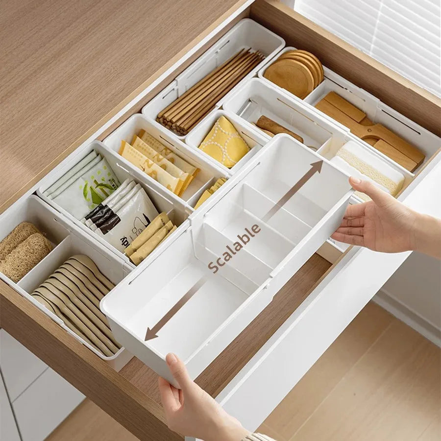 Expandable Sliding Drawer Tray with Adjustable Dividers – Glossy PS Plastic Drawer Organizer Bin