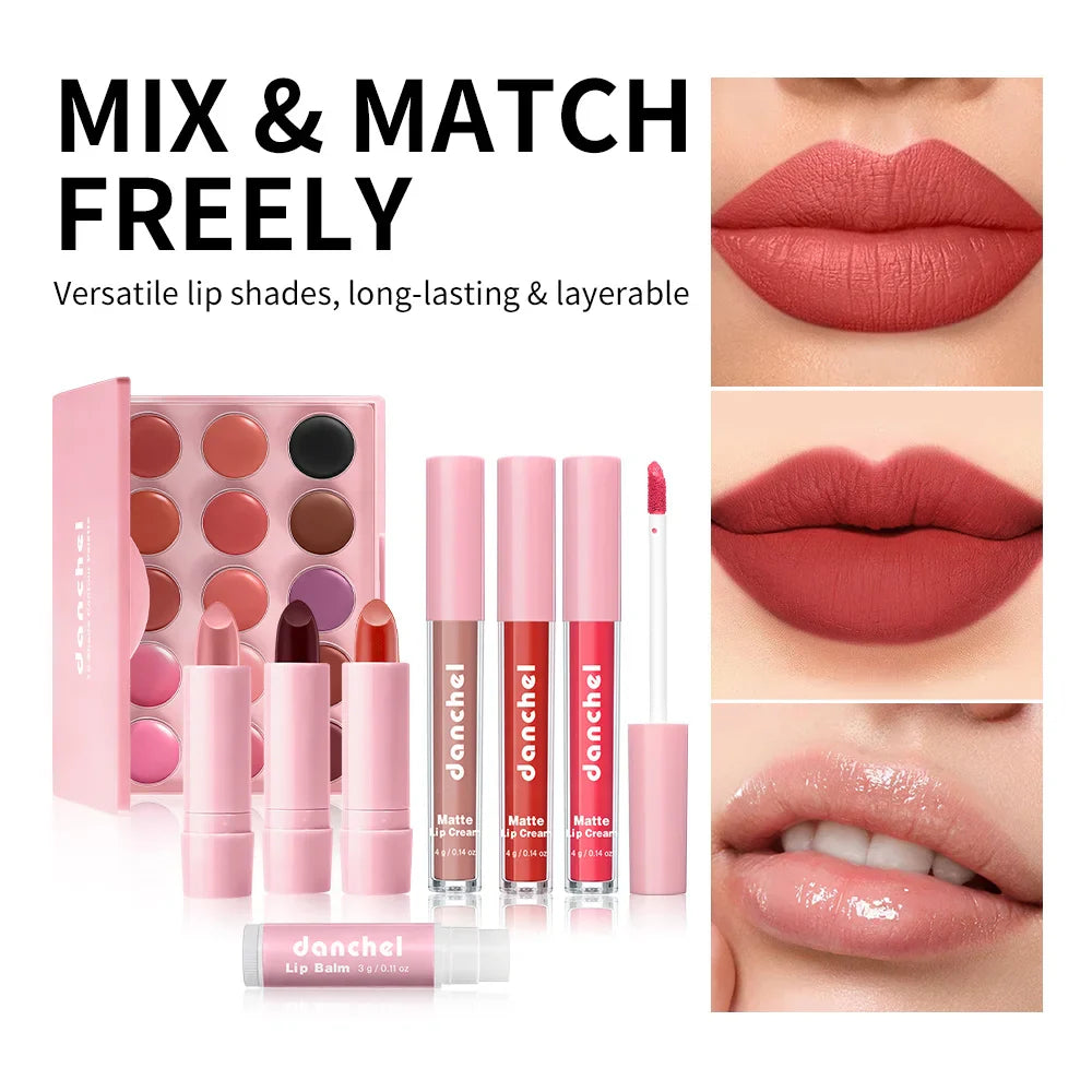 15-Color Lip Palette Kit – Matte Lip Cream, Lipstick & Balm Set