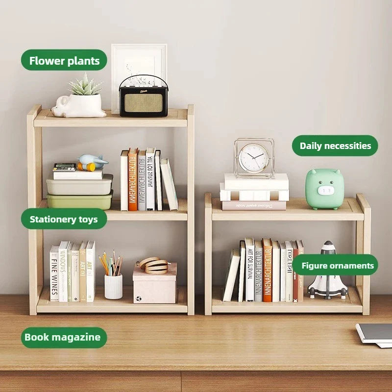 Desktop Solid Wood Multi-Layer Bookshelf & Desk Storage Rack
