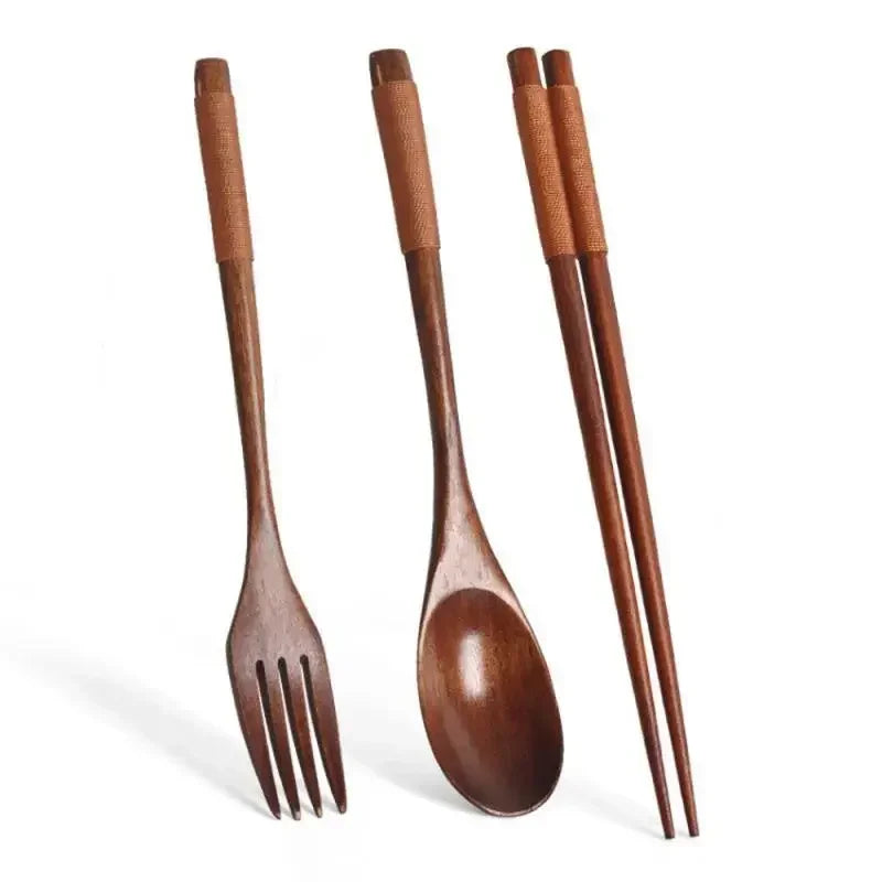 3 Piece Set Stainless Steel Cutlery Wooden Tableware Coffees and Teas Tableware Forks Spoon Korean Plates Dinner Sets Chopsticks Peaceful Pleasures Health and Wellness Style B
