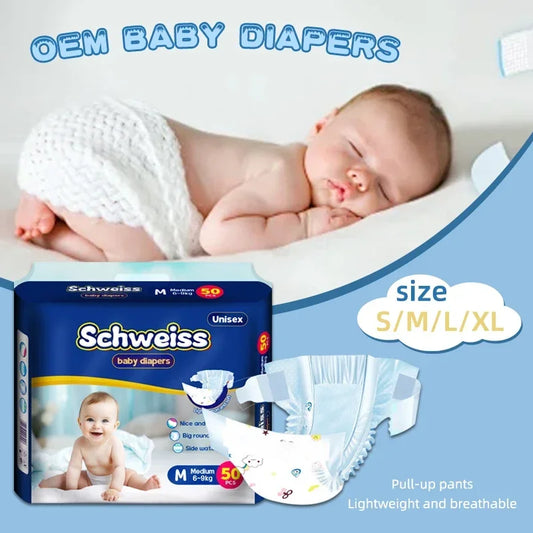 50pcs/1pack Wholesale Hot Sale Baby Pull Up Diapers Soft Light and Thin Breathable Super Absorbent Disposable Nappy for Newborns Peaceful Pleasures Health and Wellness