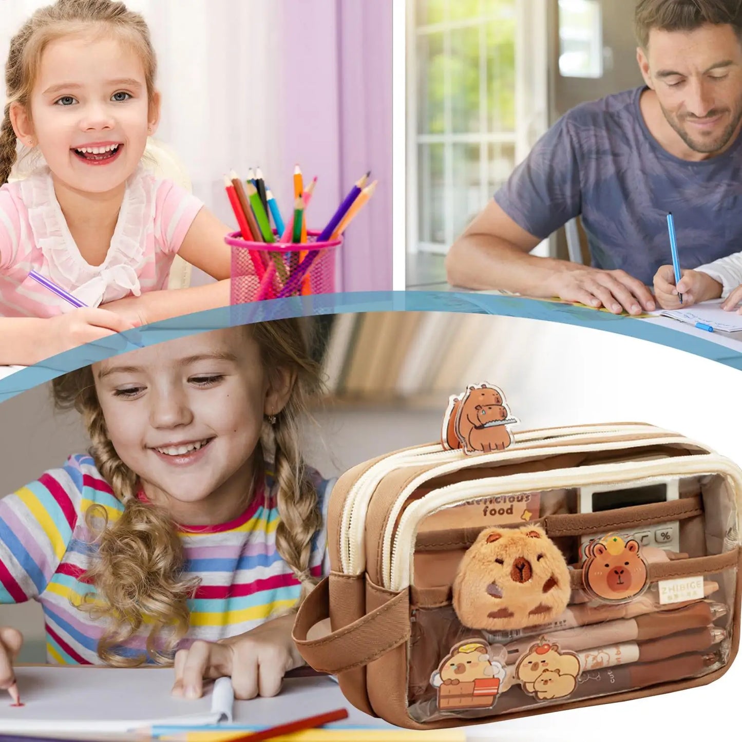 cute Capybara Print Large Capacity Pencil Case, Clear Stationery Organizer Bag for School Office Art Supplies Storage Girls Kids Peaceful Pleasures Health and Wellness