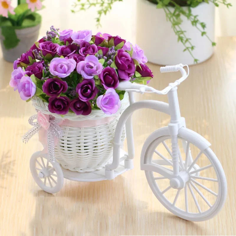 Silk Rose Artificial Flowers Bicycle Vase Desktop Bonsai Decor