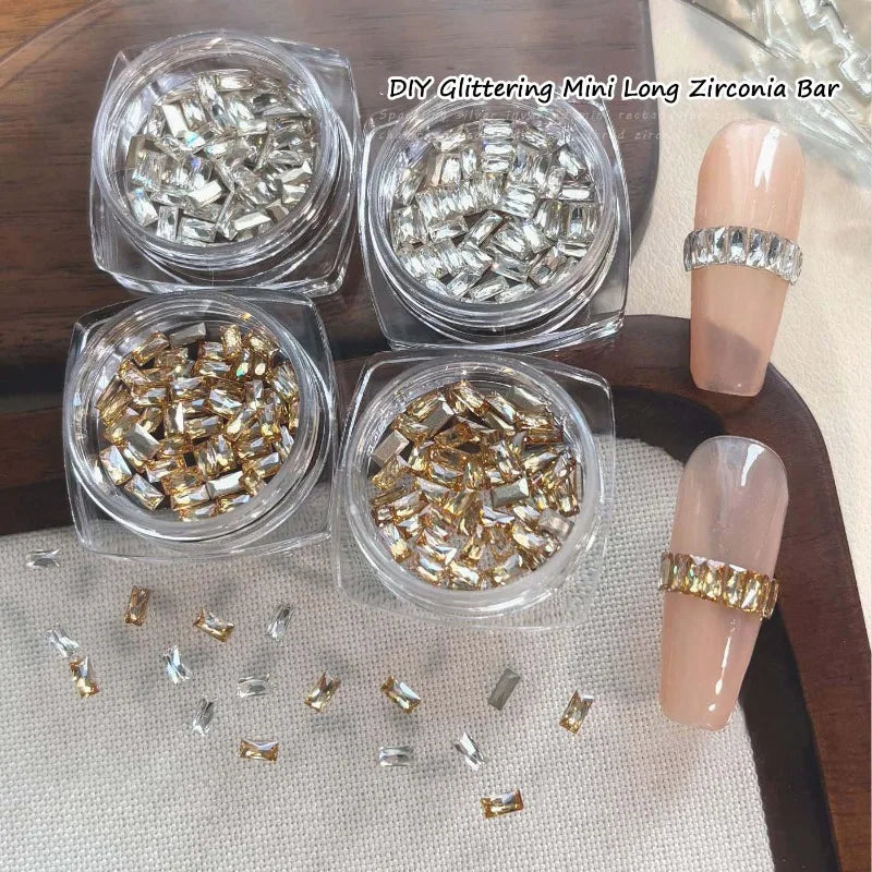 50Pcs Zirconia Strip Nail Rhinestones 2x4mm | Clear & Champagne