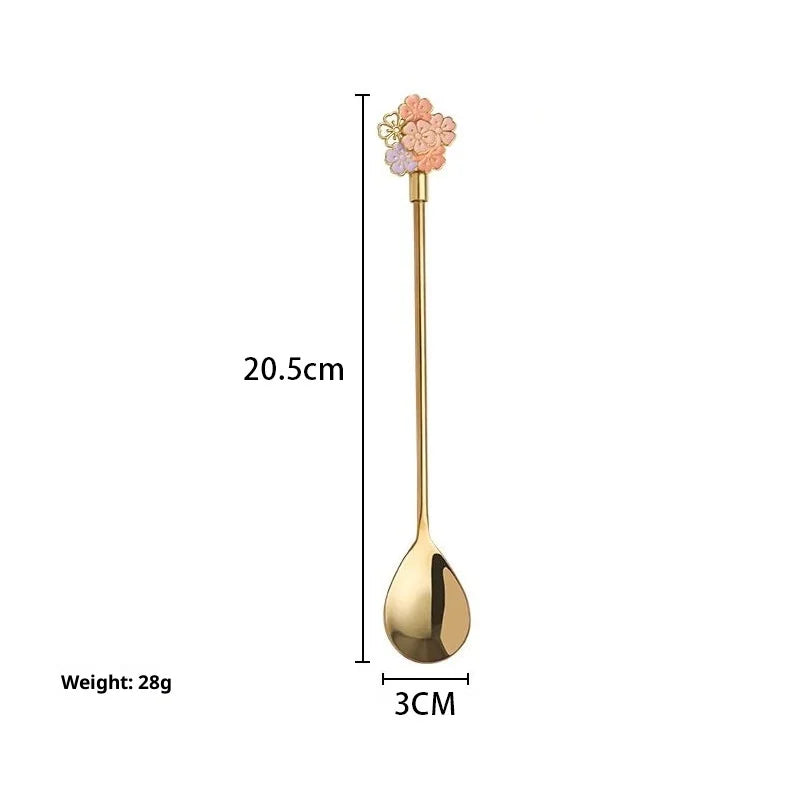 Hot 1Pc Stainless Steel Cherry Blossom Spoon Fork Coffee Spoon Kitchen Star Long Handle Stirring Spoons Kitchen Coffee Tableware Peaceful Pleasures Health and Wellness Golden long spoon