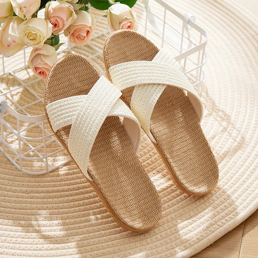 Women's Linen Cross Strap Flat Sandals | Lightweight EVA Slippers
