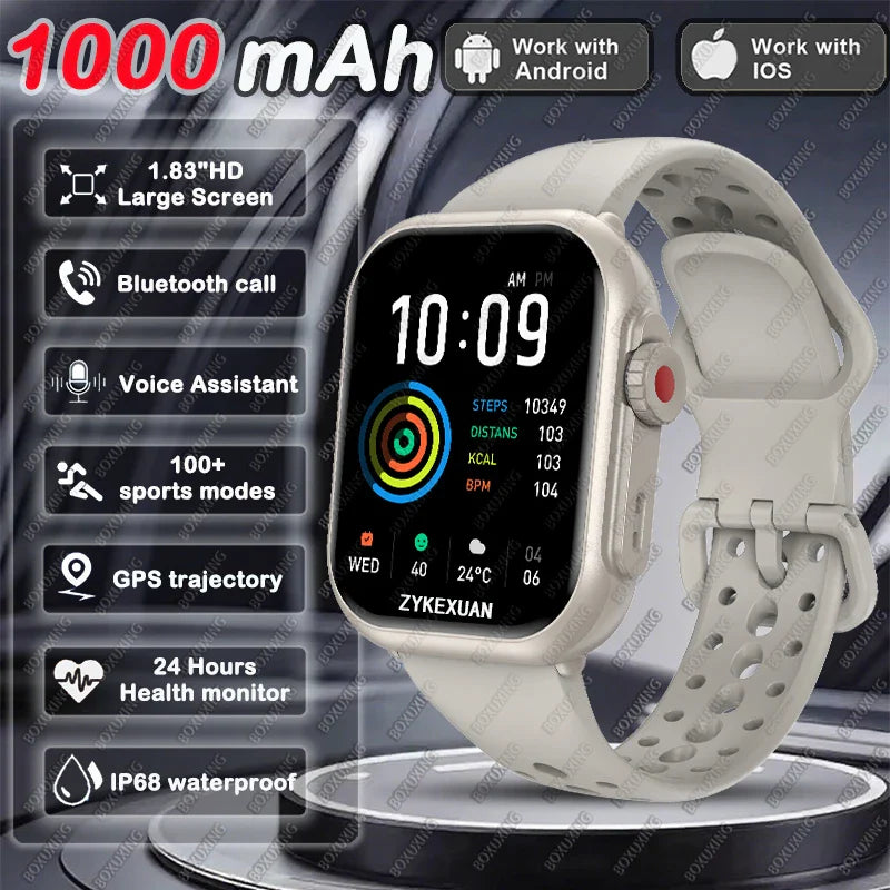 BOXUXING 1.85" AMOLED Smart Watch – Bluetooth Call, GPS, IP68
