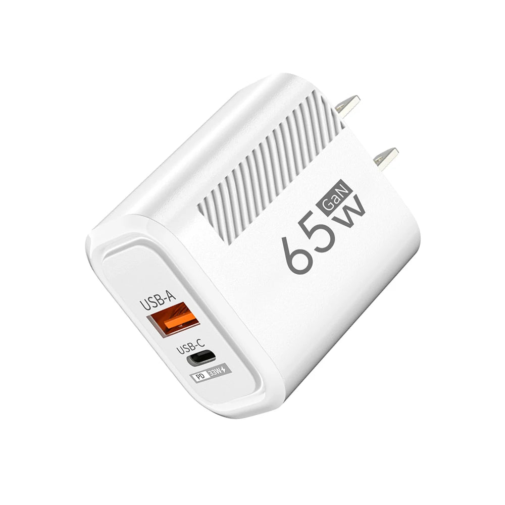 65W GaN Fast Charger PD QC3.0 Dual Port USB Wall Adapter EU US Plug Compatible with iPhone Samsung Xiaomi Tablets Travel Charger Peaceful Pleasures Health and Wellness US White
