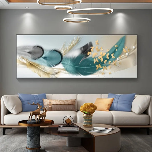 Modern Luxury Golden Feathers Butterfly Canvas Art Large Frameless Wall Decor for Living Room, Bedroom, Home Office Perfect Gift Peaceful Pleasures Health and Wellness