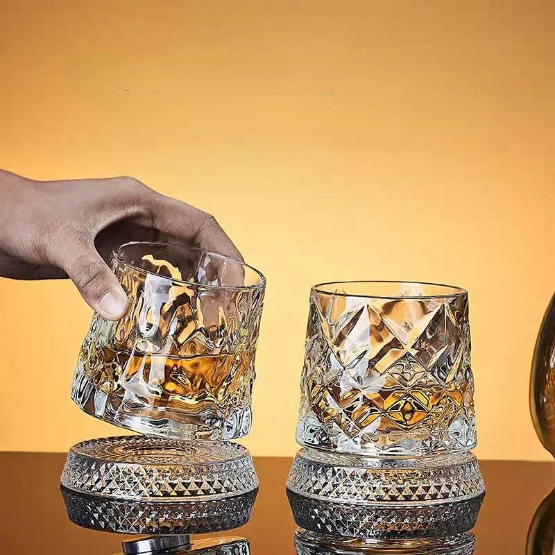 280ml Glass Cup with Base Crystal Rum Whiskey Rotating Glass Mug Diamond Cut Ice Flower Bubble Pattern Spinner Cup Business Gift Peaceful Pleasures Health and Wellness