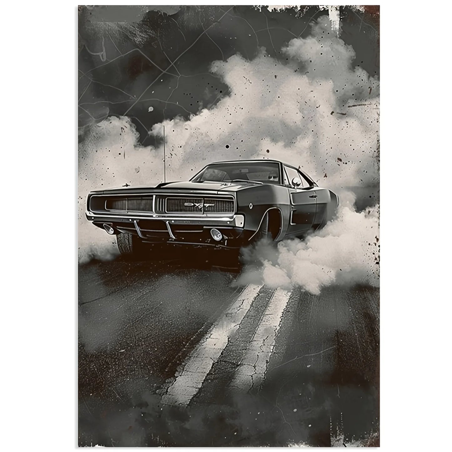 Black and White Muscle Car Canvas Print – Drifting Smoke Scene, Retro Auto Portrait, Frameless for Home Office Decor Peaceful Pleasures Health and Wellness 6602240024 20x30cm
