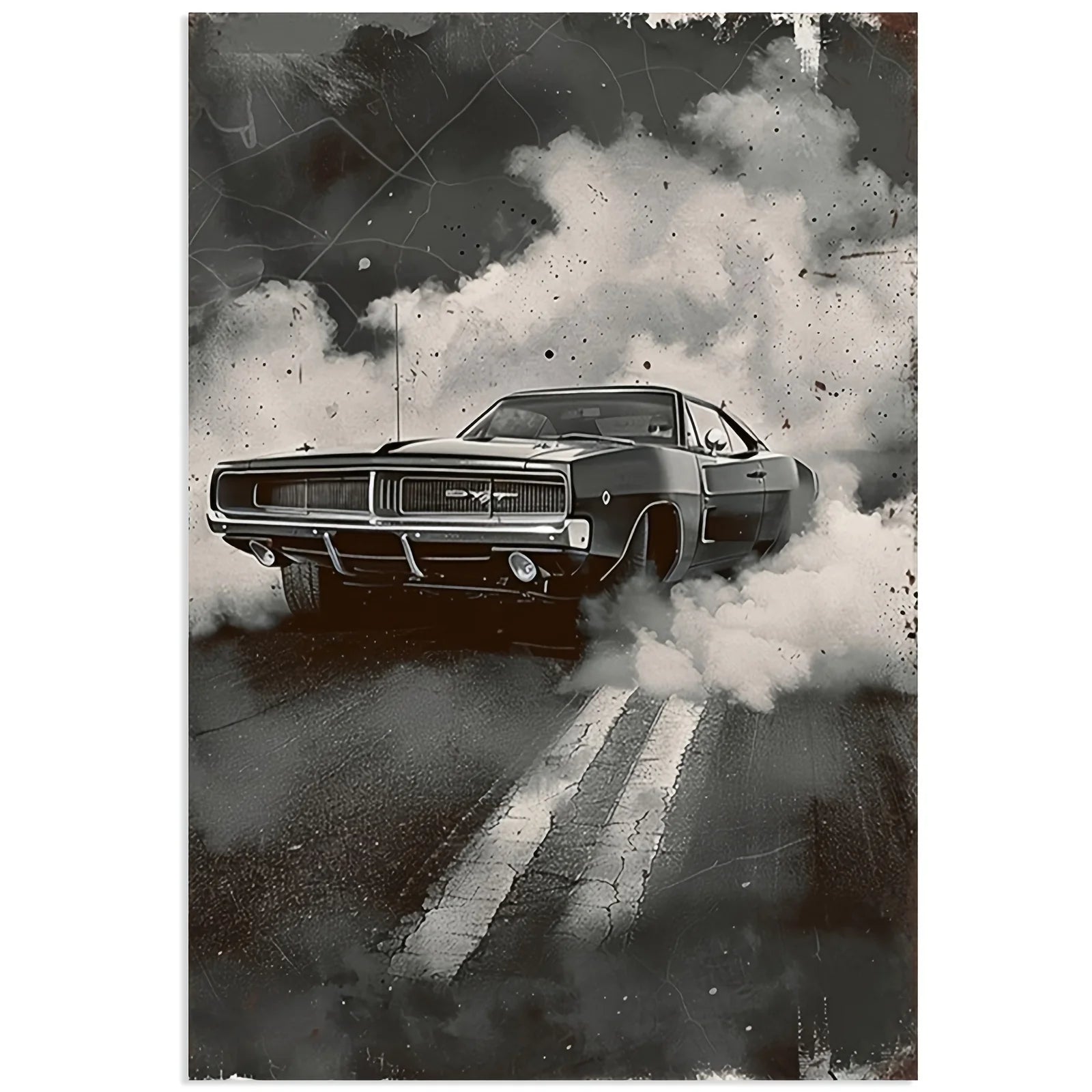 Black and White Muscle Car Canvas Print – Drifting Smoke Scene, Retro Auto Portrait, Frameless for Home Office Decor Peaceful Pleasures Health and Wellness 6602240024 20x30cm