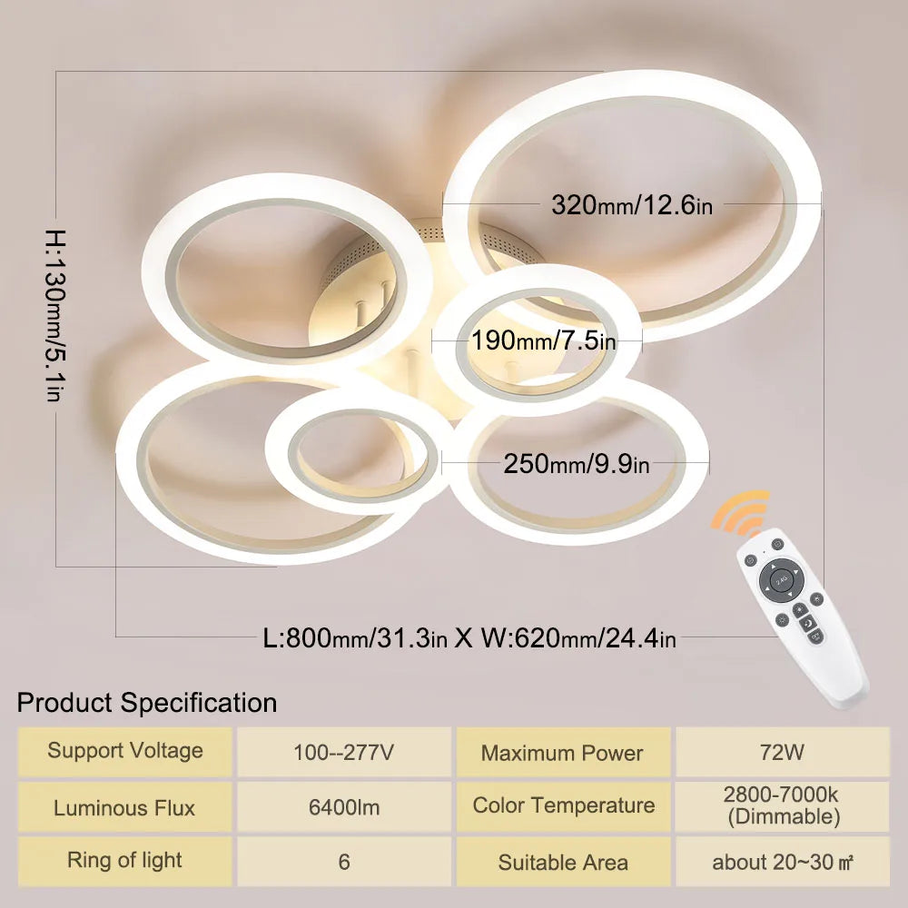 Modern LED Ring Ceiling Light Dimmable 2800K–7000K + Remote
