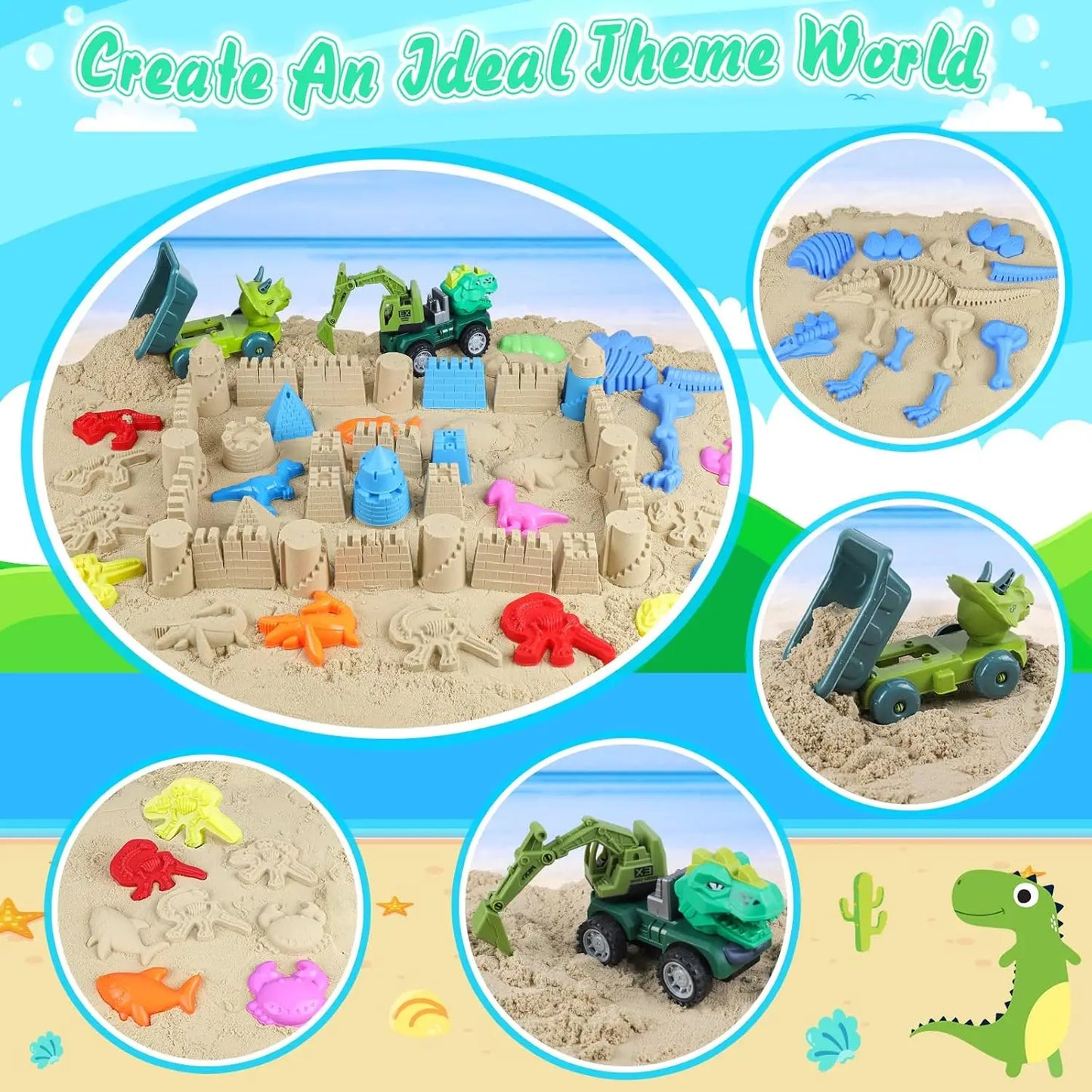 Dinosaur Beach Sand Toys Set for Kids – Bucket, Truck & Molds