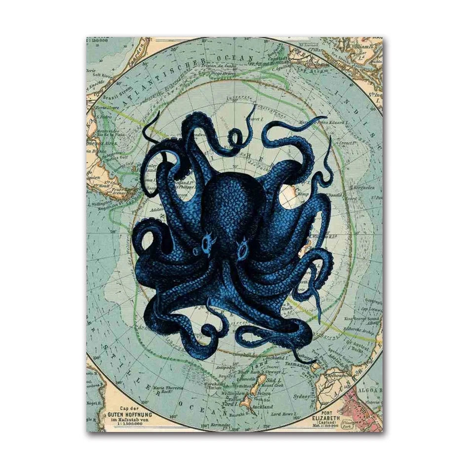 Poster Prints Nautical Coastal Wall Art Picture Antarctica Map Canvas Painting Home Wall Decor Kraken Octopus Tentacles Vintage Peaceful Pleasures Health and Wellness 2204-03 50x70cm Unframed