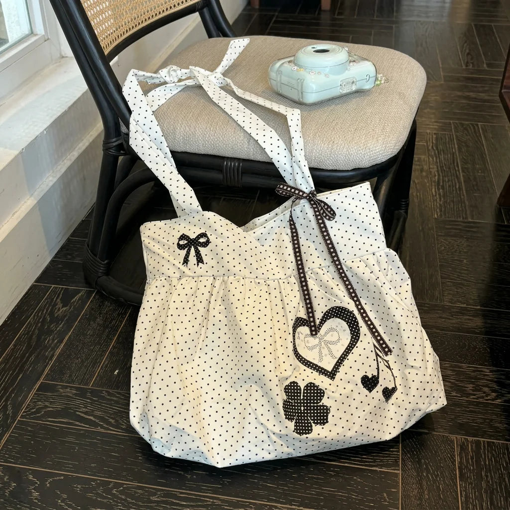 Tote Bag Large Capacity With Polka Dot Heart Print For Commuting And Everyday Use Peaceful Pleasures Health and Wellness