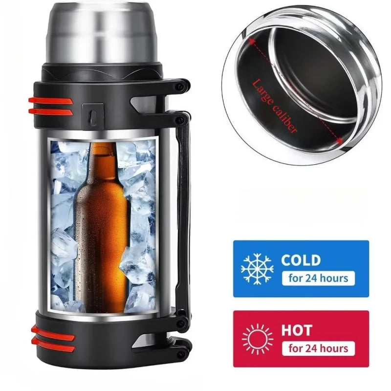 Outdoor travel, camping - stainless steel vacuum insulated bottle - large capacity thermos flask - keeps warm or cold Peaceful Pleasures Health and Wellness