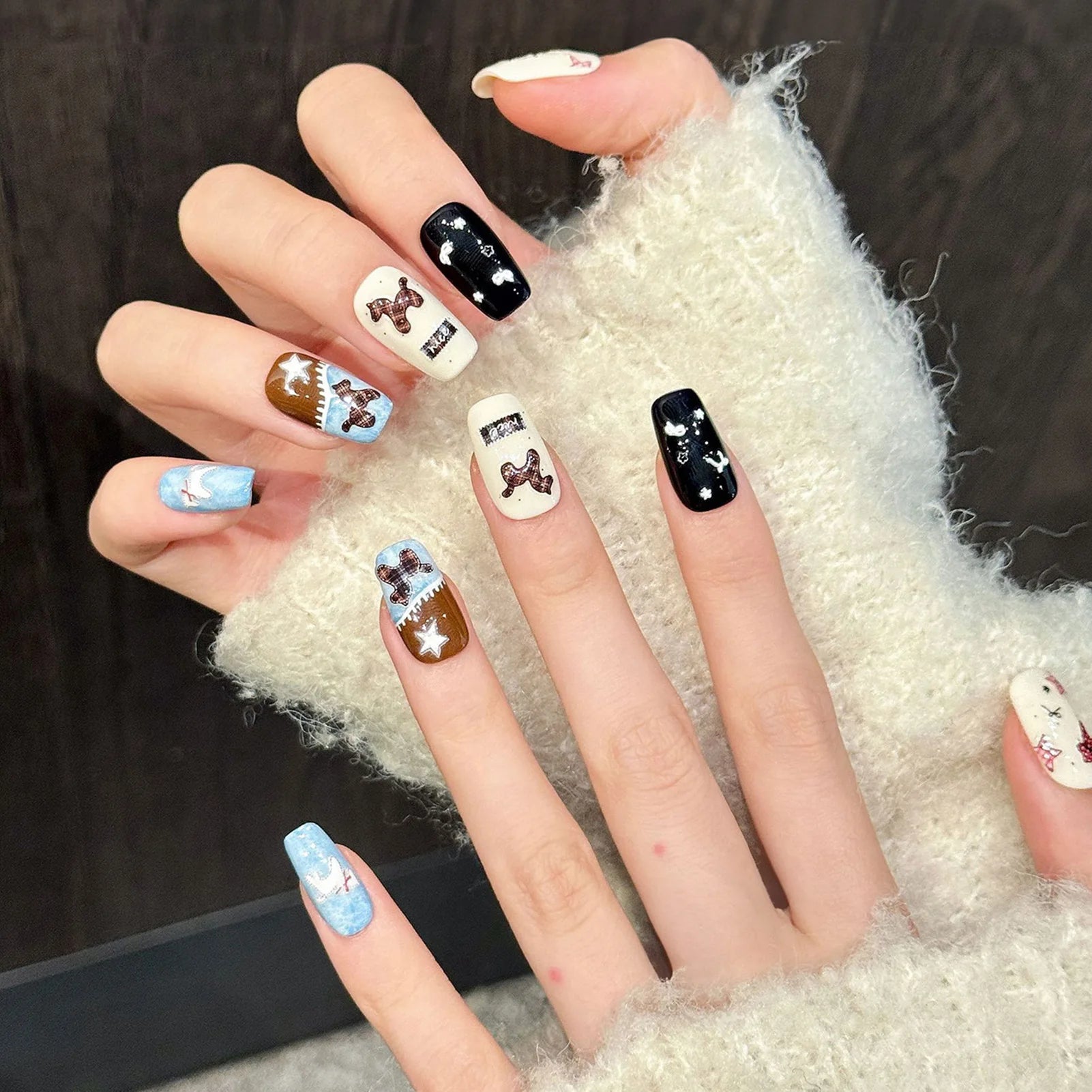 Y2K Glitter Stars & Bow Press On Nails | Korean Ballet Style 10pc Press On Nails Peaceful Pleasures Health and Wellness