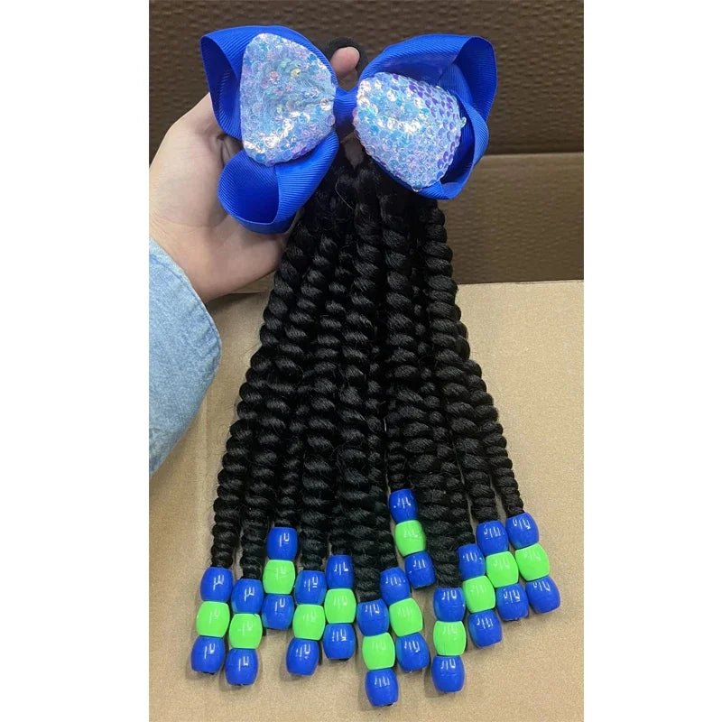 2PCS Hair 2024 New Little Girls Braided Ponytails with Beads Kids Girls Hair Bow Glitter Shinny Shining with Big Balls Bubbles Peaceful Pleasures Health and Wellness Bows 3